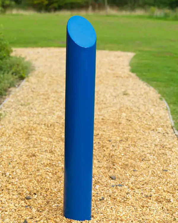 Round 114 mitre-top steel bollard, powder-coated blue, on a gravel path
